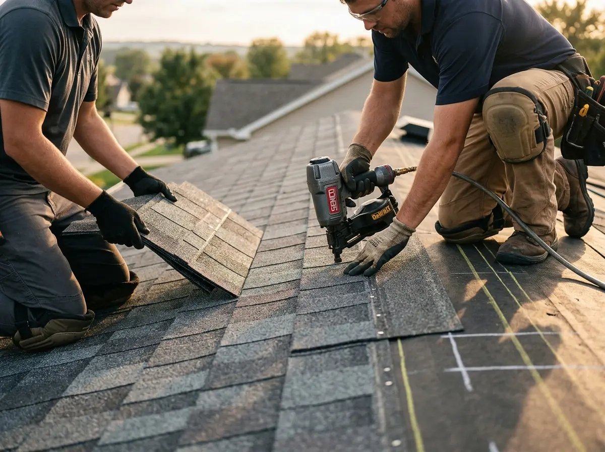 Professional roofer working on a residential roof in Patchogue